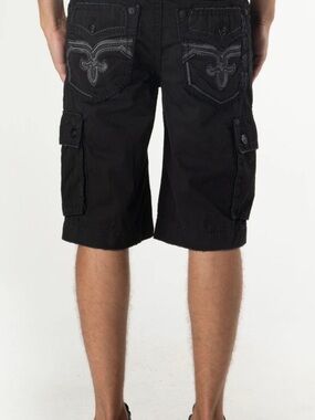 Affliction Men's Black Cargo Shorts with Embroidered Back Pockets